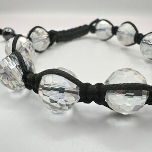 Vintage Y2K Clear Beaded Black Cord Macrame Bracelet Shamballa Women's Jewelry